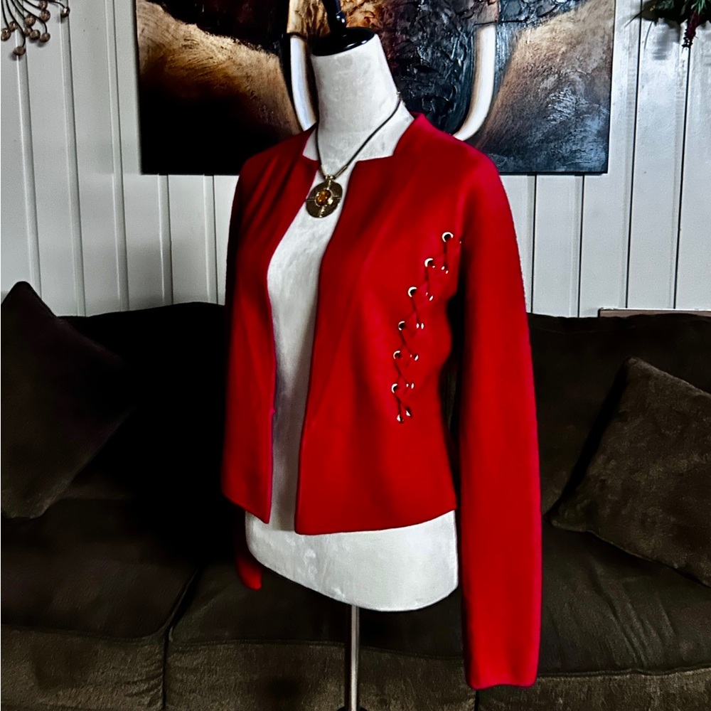 Cache ~ Women's Small ~100% Wool ~ Red Blazer Jacket W/ Lace Up Detail Hook Loop - Picture 13 of 16